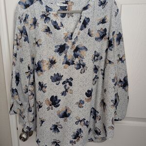Floral Women's Top - Blue and Cream